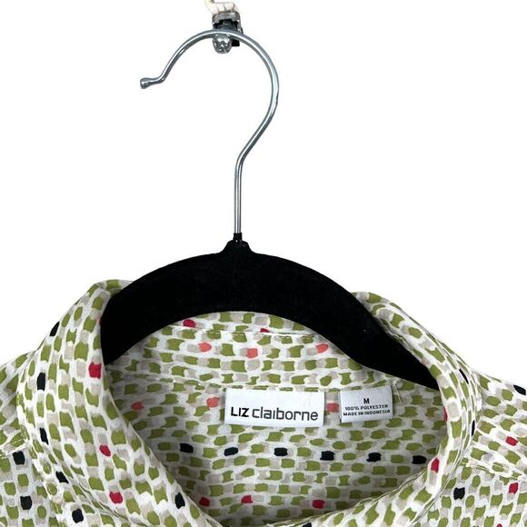 Liz Claiborne Blouse Top Button Up Tie Waist Rolled Tab Sleeves Green Women Sz M - Picture 3 of 5